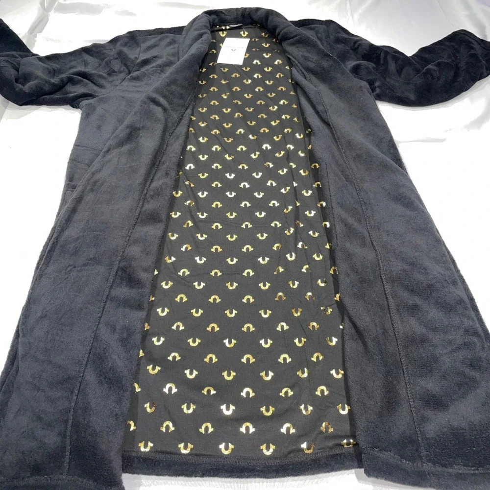 True Religion Mens Black Gold Horseshoe Plush Fleece Loungewear Robe Large NEW
